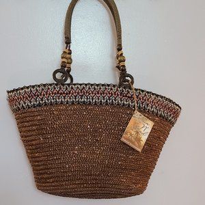 Sun’N’Sand Brown Straw purse With Bead And Rope Handles.